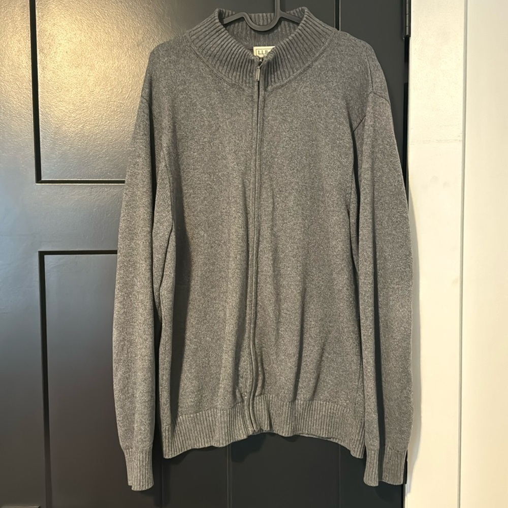 L.L.Bean Men’s Grey Full Zip Cotton Cashmere Blend Tight Knit Sweater